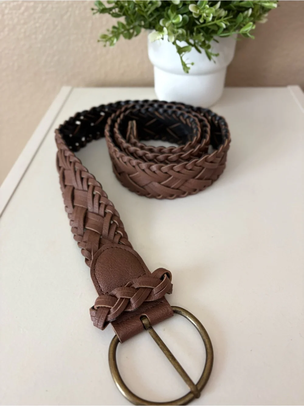 Brown Braided Leather Belt with Brass Ring Buckle size L/30